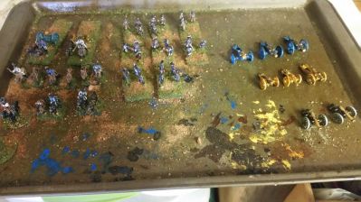 Mo' Guns
2 French , 3 Austrian and 3 Prussian Batteries plus a couple of More limbers.
Except for a few odds and ends limbers guns officers, I declare my Revolutionary period armies finito!!
